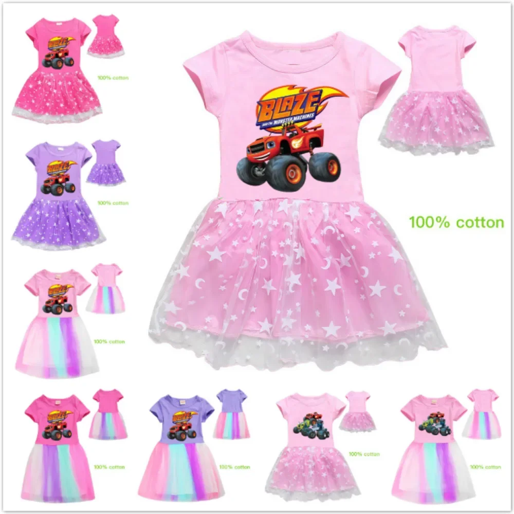 Summer Girls Dresses Cartoon Blazing Speed Cars Monster Machines Print Girl Princess Dress Kids Baby Cotton Short Sleeve Clothes