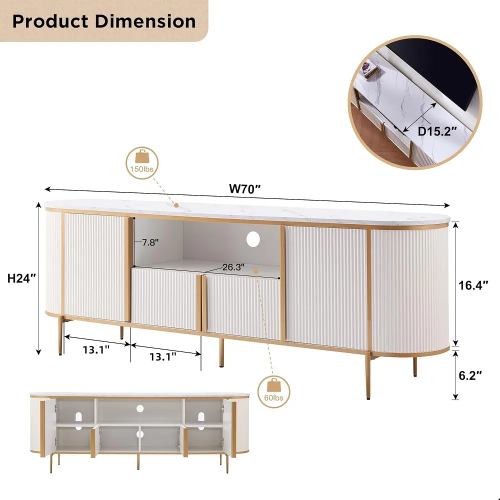 OKD-Support TV cannelé de luxe, centre de divertissement moderne pour téléviseurs jusqu'à 80 pouces, console TV avec dessus en faux marbre, incurvé, 70 pouces