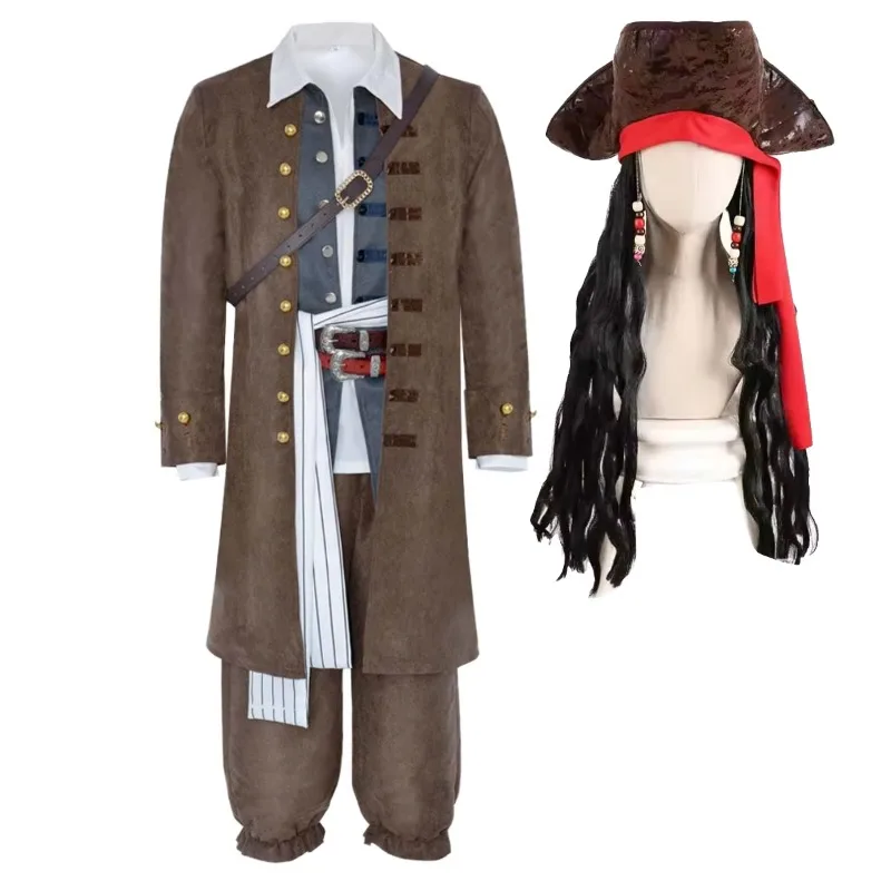 Disfraz de Pirata Jack Sparrow, Uniforme de Pirata de Película, Chaqueta, Pantalones, Peluca, Conjunto Completo para Hombre, Disfraz de Halloween del Caribe