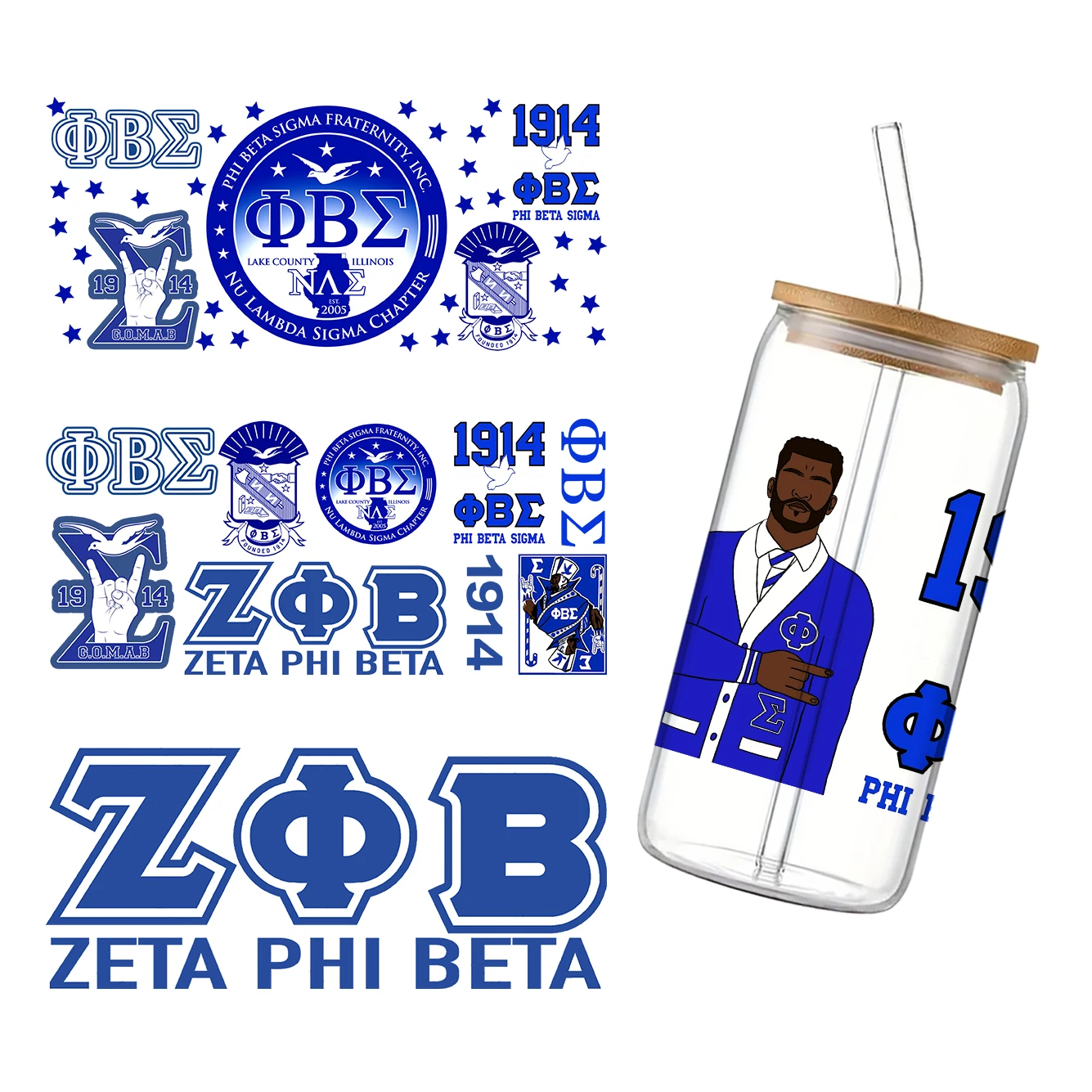 11x24cm Sorority Gemengde SgRho Phi Beta Sigma Voor Libbey 16oz Kan Glas 3D Waterdichte UV DTF koffie Kan Wrap Libbey Glas Wrap