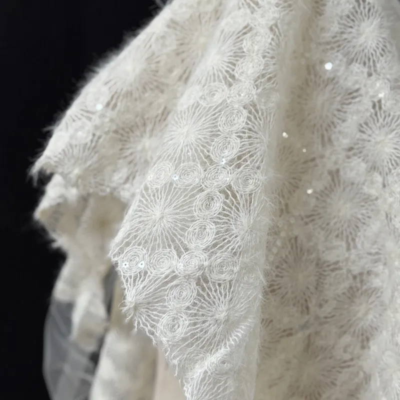 White Mohair Lace Fabric Loop Embroidery Diamond Jacquard Sheer Mesh Creative Dress DIY Material Designer Sewing Fabrics By Yard