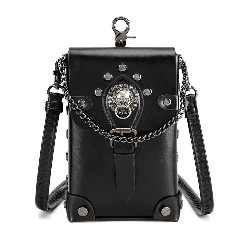 

SHELKSBAG Punk Style Retro Women's Crossbody Phone Bag with Shoulder Strap Metal Decorative Steampunk Chain Shoulder Bags Purse