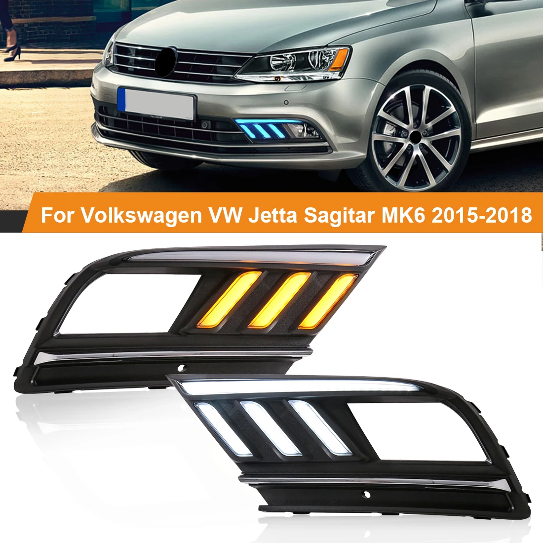 LED Flog Lamp For Volkswagen VW Jetta Sagitar MK6 2015 2016 2017 2018 DRL Daytime Running Light Dynamic Turn Signal Lamp 12V