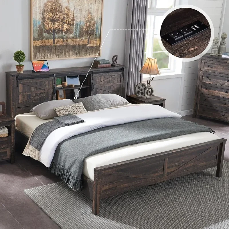 ZHENXIANG Farmhouse Queen Size Bed Frame w/Storage Bookcase Headboard, Sliding Barn Door, Charging Station, Rustic Wood Platform