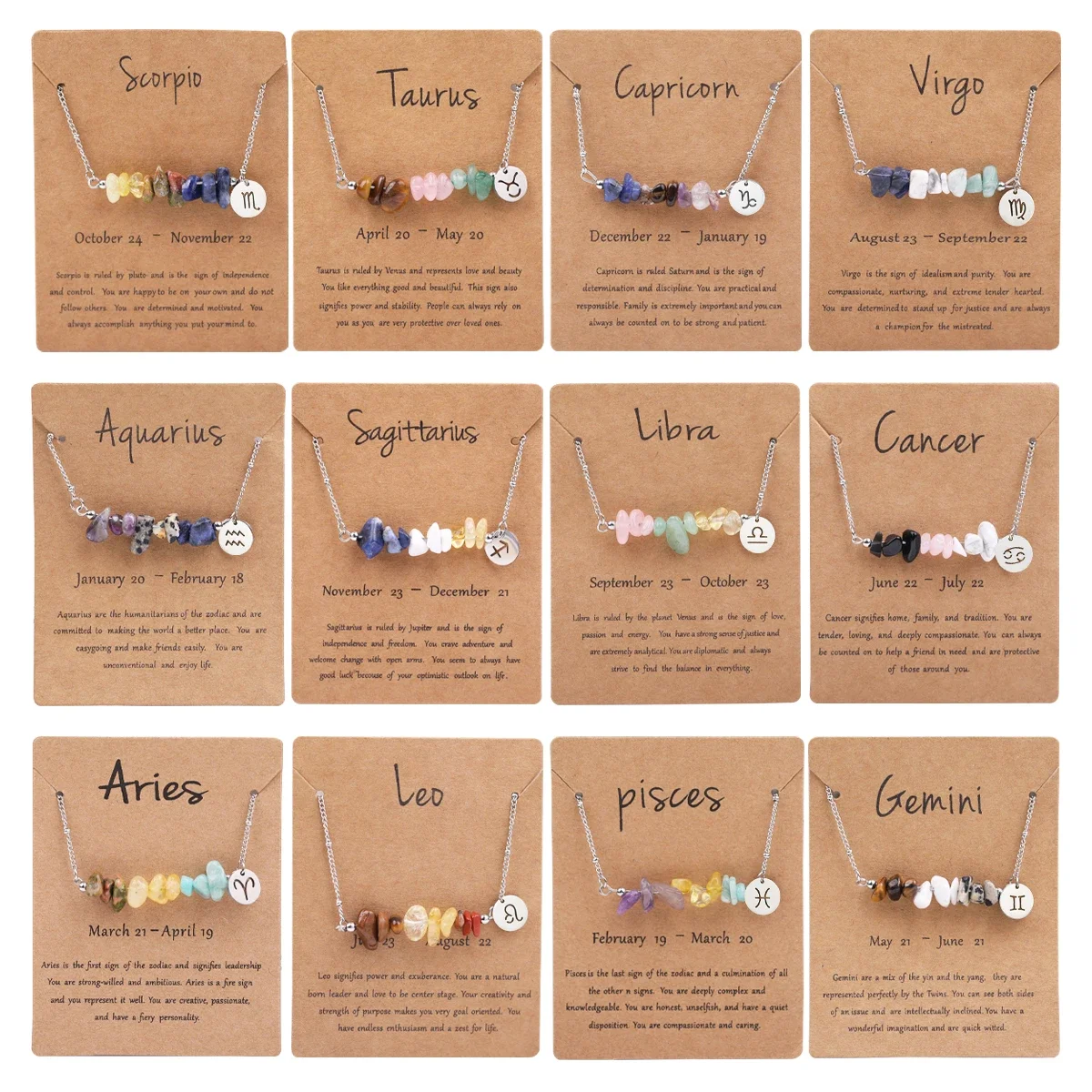 

12 Zodiac Signs Necklace Natural Gemstone Crystal Necklace Pendant Set Chain Collar Birthday Jewelry with Cardboard Cardboard