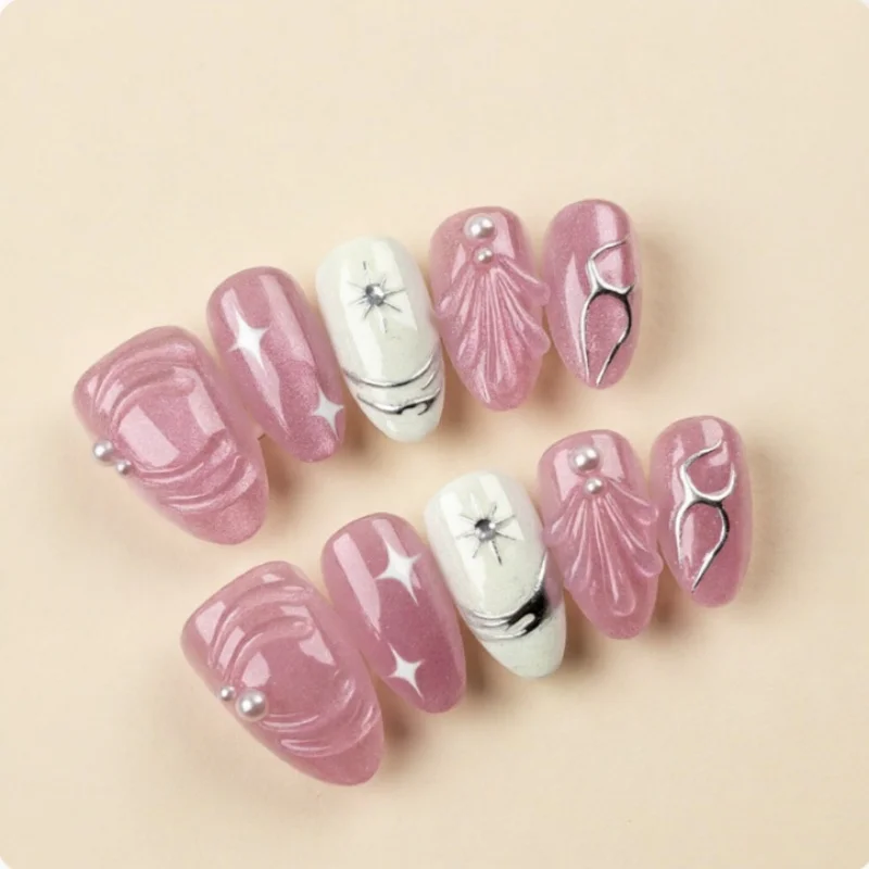 10pcs 3D Tulle Bow Rhinestone Handmade Nails Pink Gradient Polka Dot Fake Nail Almond Sweet Press On Nails for Women&Gir