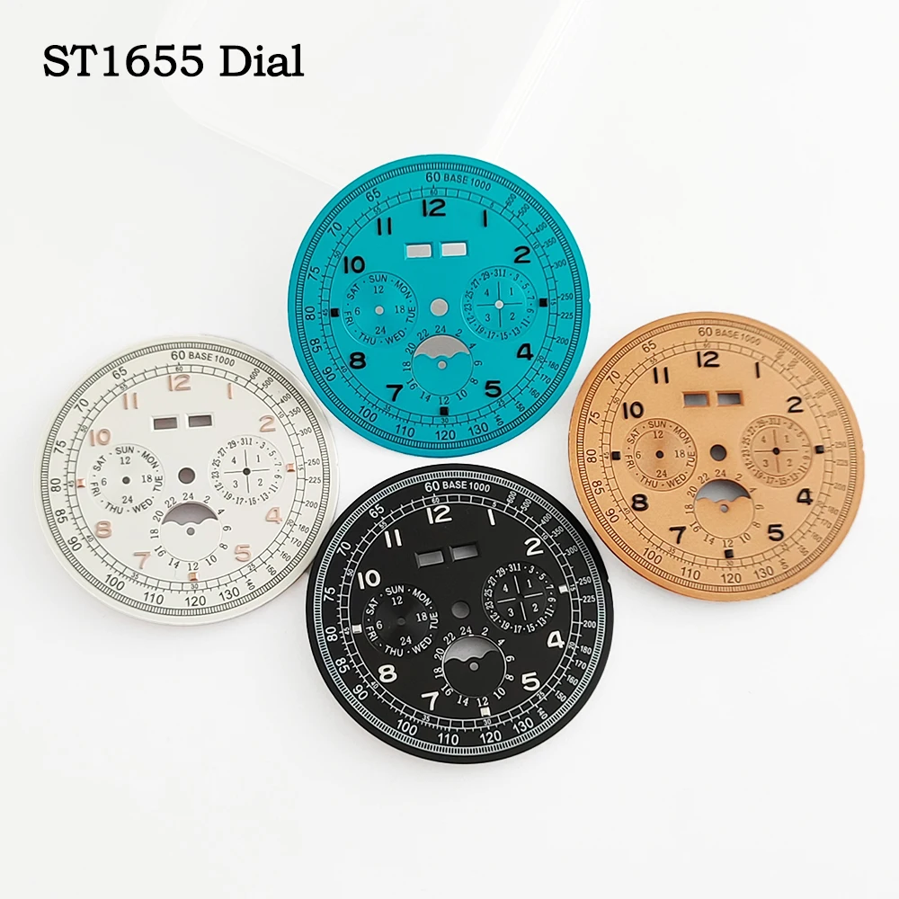 36.5mm Moon Phase Week Calendar Dial Compatible With Seagull ST1655 movement No Logo Watch Modification Parts