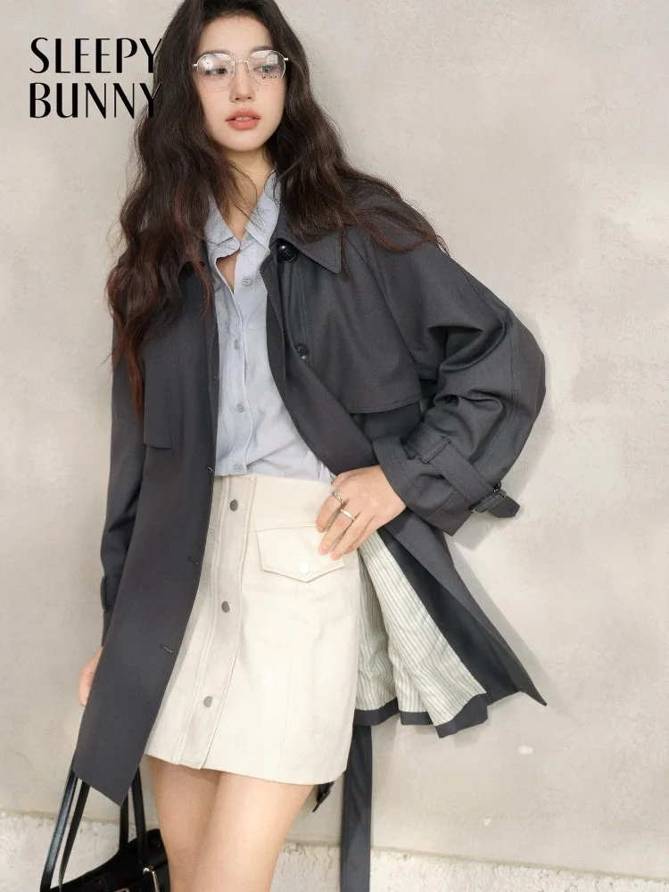 Women Lapel Belted Trench Coat British Elegant Long Loose Fit Mid Length Jacket Spring Casual Chic Outerwear Lady Daily Style