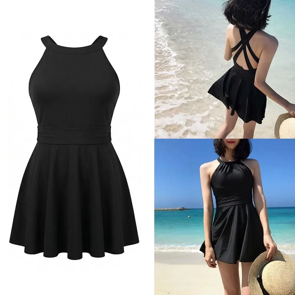 

Fashion Safety Pants Backless Skirt Swimsuit Sleeveless Pleated Hanging Neck Swimsuit Beachwear Swimwear with Padded Vacation