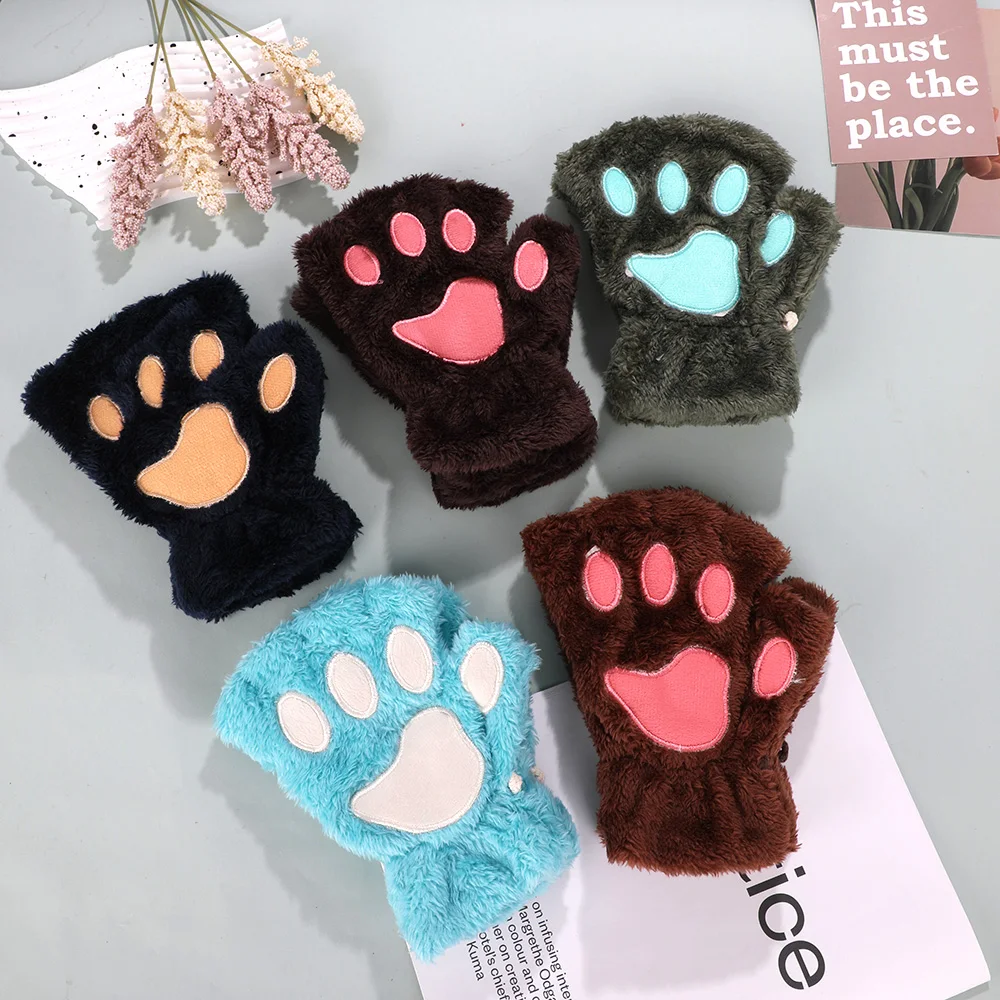 Cartoon Cat Palm Gloves For Women Thick Furry Bear Paw Half Finger Gloves Winter Faux Fur Gloves Half-Finger Gloves Christmas