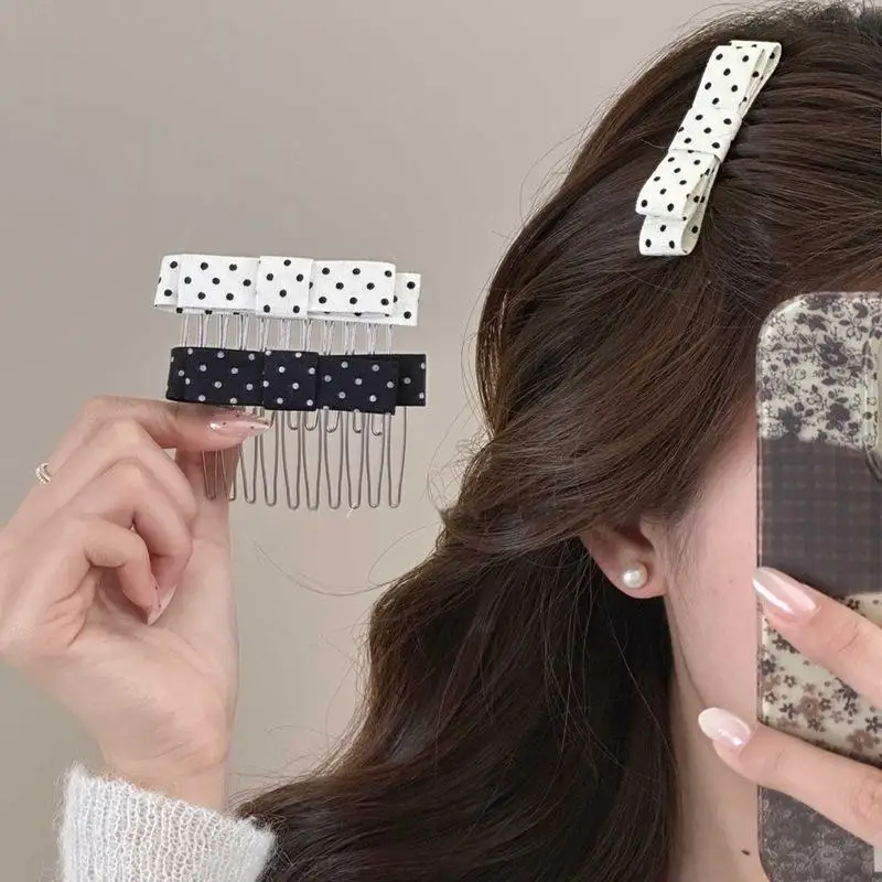 Polka-Dot-Schleifen-Haarkamm mit niedlichem Design, rutschfesten Zinken, perfekt für den täglichen Gebrauch, Partys und Schule. – Detail 3
