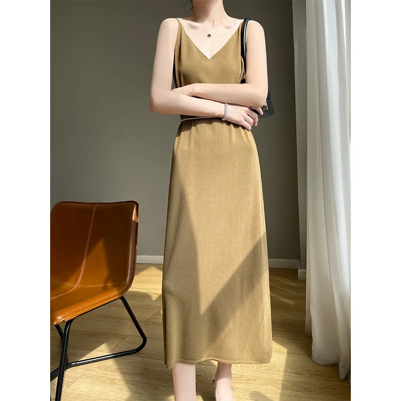 

Summer Women's Sleeveless Suspender Ice Silk Long Dress Fashionable Solid Color V-Neck Slim And Breathable Loose Fitting Dress