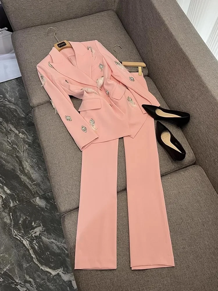 Blazer de manga larga con muescas y cuentas para mujer, traje de oficina liso de estilo elegante, pantalones acampanados ligeros de alta calidad, 2