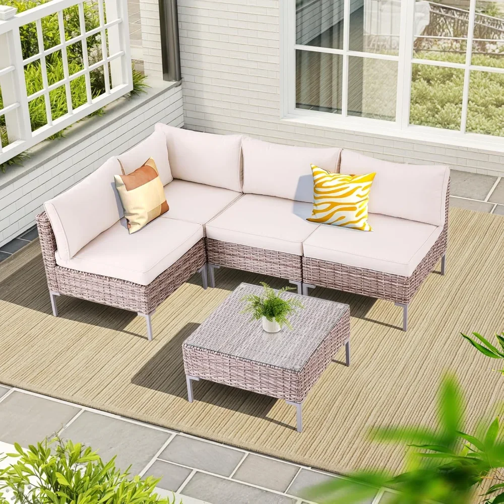 

7 Pieces Outdoor Patio Furniture Set with 45” Fire Pit Table, Rattan Patio Sectional Sofa Conversation Set