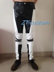 2025 Men's Fashion Stitching Leather Pants Stage Ds Bar Nightclub Singer Dance Plus Size PU Trousers Costumes Male Clothing