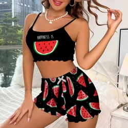 Women's Pajamas Set Sleepwear 2 PCS Short Tank Tops And Shorts S M L Black Ventilate Soft Casual Watermelon Printing