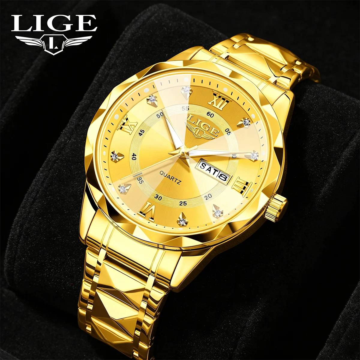 

LIGE Men Watches Water Diamond TOP Luxury Night Glow Double Calendar Quartz Movement Gold Stainless Steel Fashion Business Watch