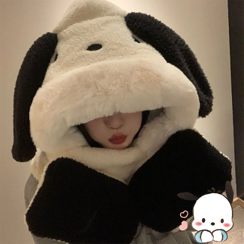 Kawaii Sanrioed My Melody Plush Hat Scarf Gloves Cinnamoroll Kuromi Anime Winter Warm Cute Sweet Girl Student Warm Thicken Gift