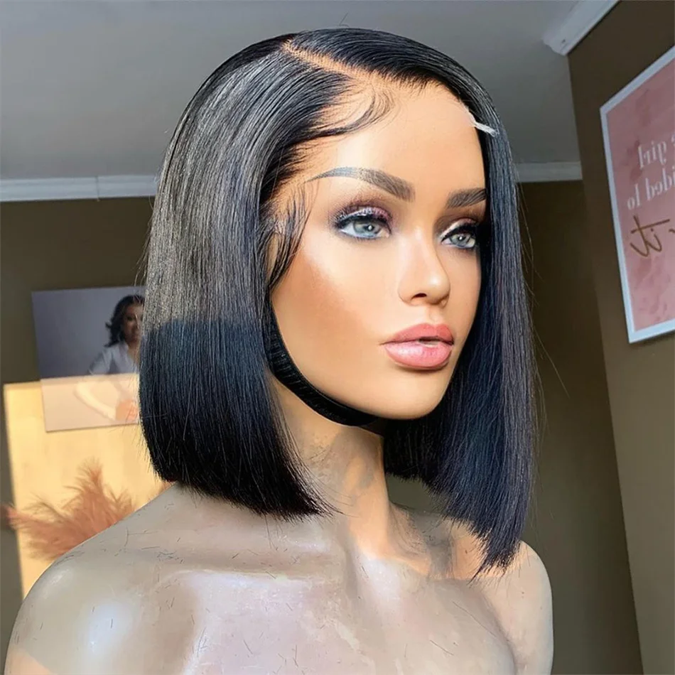 Short Bob Human Hair Wigs Brazilian 13x1 T Part Straight Lace Front Wigs For Women Transparent Lace Pre Plucked Bone Bob Wig