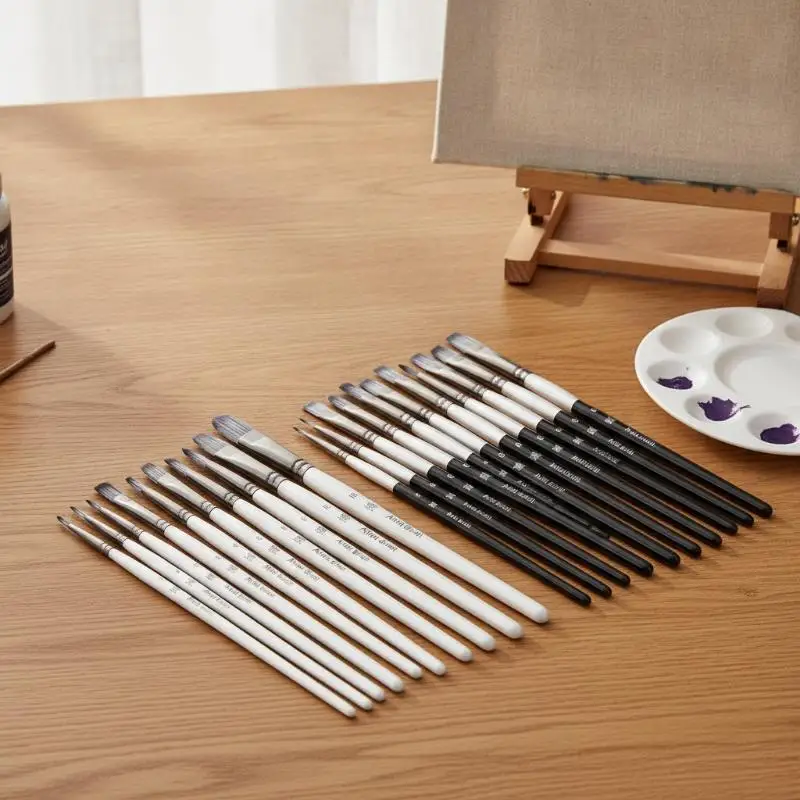 Set Of 10 Professional Paint Brushes Flat Round Pointed Nylon Hair For Acrylic Oil Watercolor Art Painting Drawing