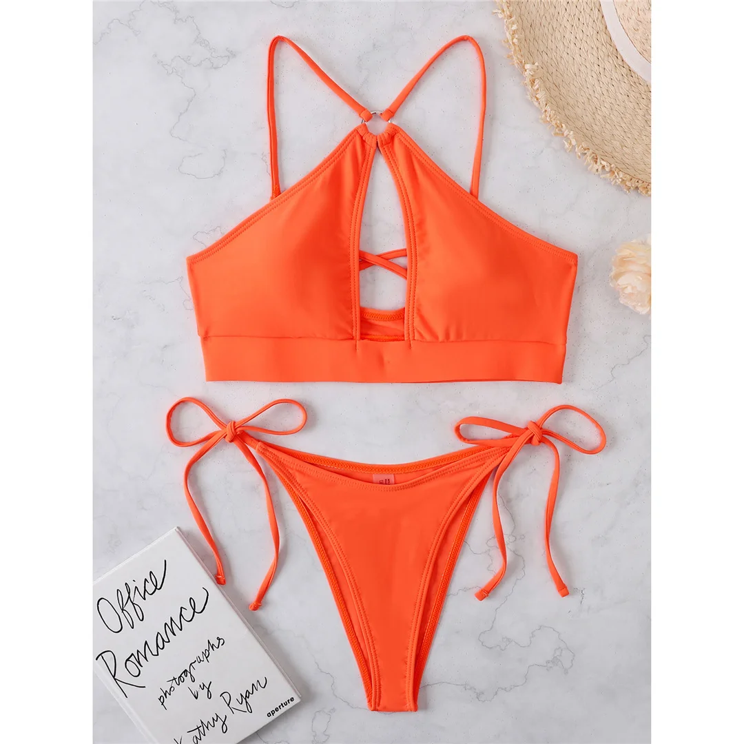 Ausgeschnittener Neckholder-Bikini, Damen-Badeanzug, zweiteiliges Bikini-Set, gepolstert, mit Trägern, Badebekleidung, Damen-Badeanzug, V3423 – Detail 34