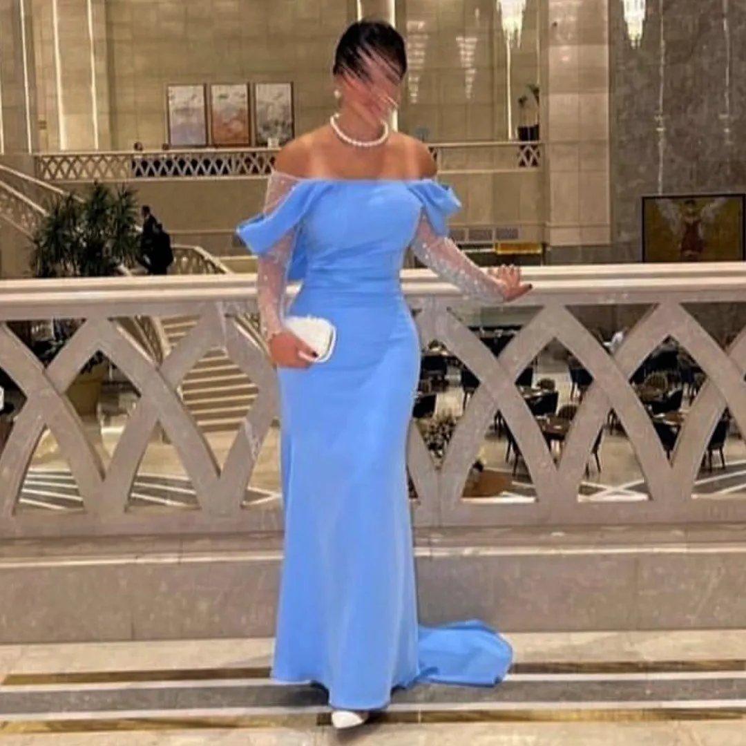 

Fashionvane Saudi Arabia Sequins Long Sleeves Elegant Women Wear Bateau Neck Prom Dresses Formal Party Evening Trumpet Gowns