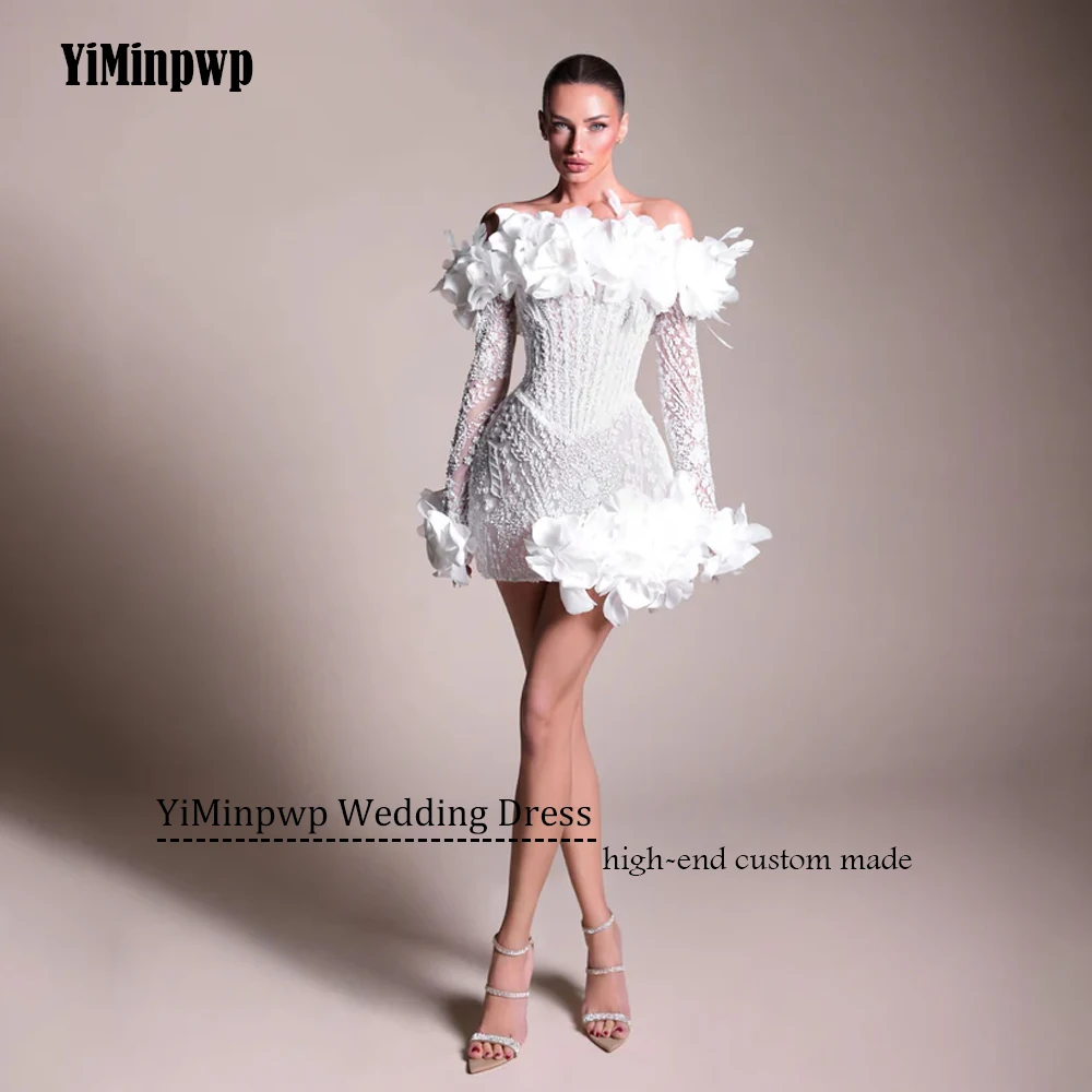 Gaun Pengantin Mini Mewah Gaun Mandi Pengantin Pendek Bunga A-Line Lengan Penuh Applique Bahu Terbuka Tanpa Tali Disesuaikan