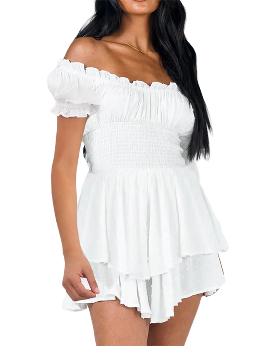 

Women Off The Shoulder Ruffle Dress Layered Puff Sleeve Mini Dress With Integrated Shorts Long Sleeve Romper Shorts Dress Sexy