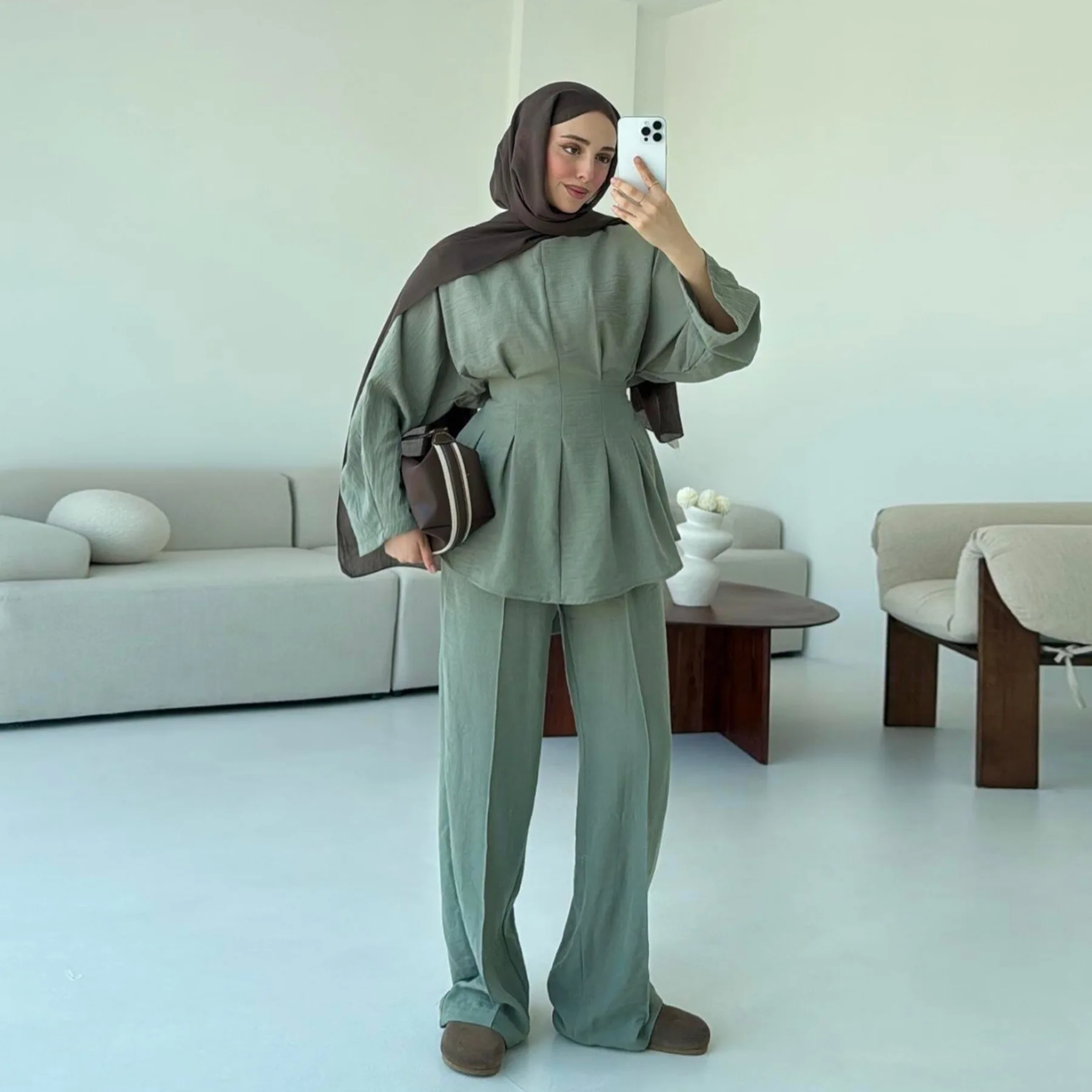 Modest Women Tops Trouser Suit Wide Leg Pants Muslim Set 2 Piece Outfits Dubai Abaya Turkey Islam Clothing Musulmane Ensembles