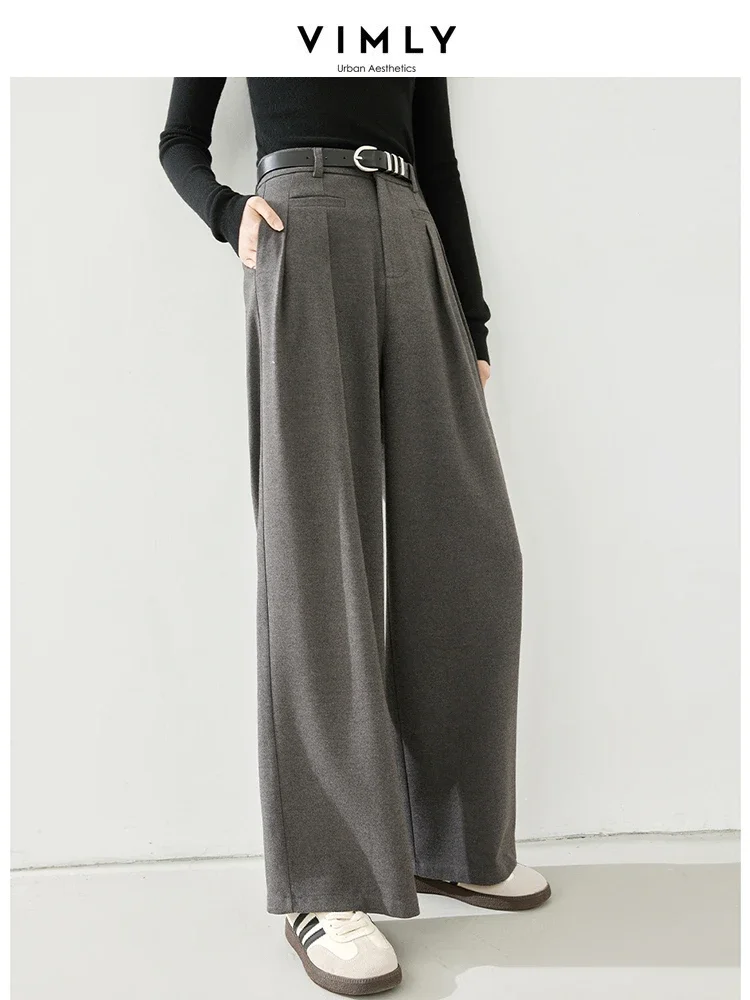 Vimly Wide Leg Thicken Woolen Dress Pant for Women 2023 Winter High Waist Baggy Pants with Leather Belt Woman Trousers 16323