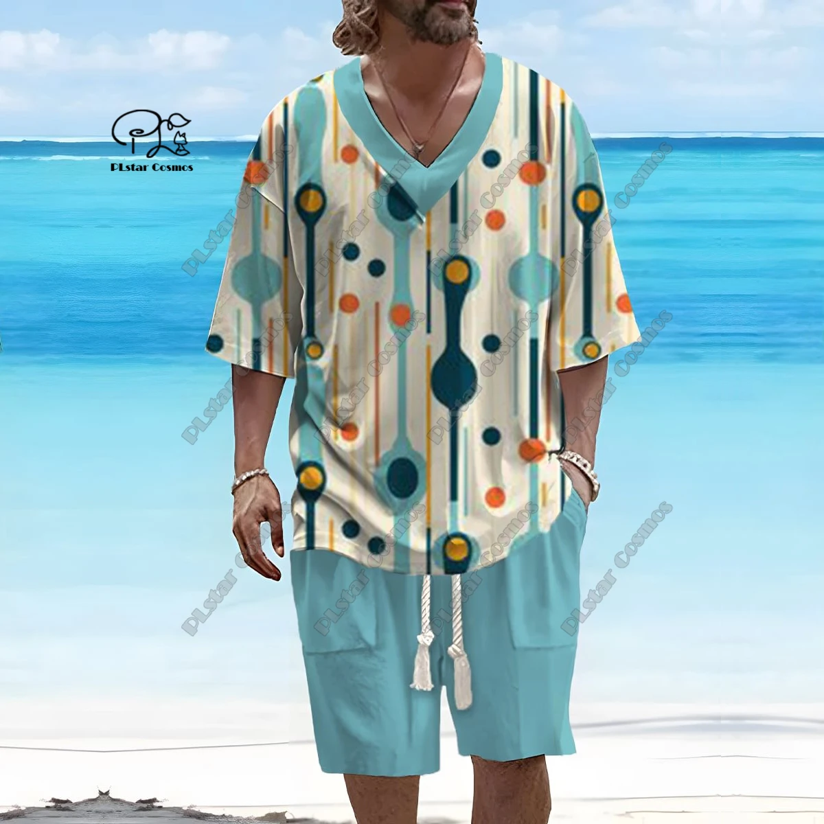 PLstar Cosmos 3D printed new men's V-neck gradient retro pattern short sleeved shorts T-shirt suit casual series T-11