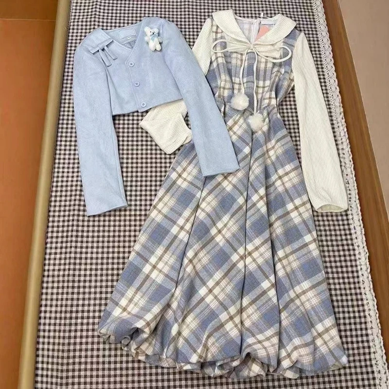 

Осенне-зимний элегантный винтажный комплект из 2 предметов для женщин во французском стиле, модное тонкое короткое пальто с длинными рукавами + клетчатое платье, шикарный костюм, новинка