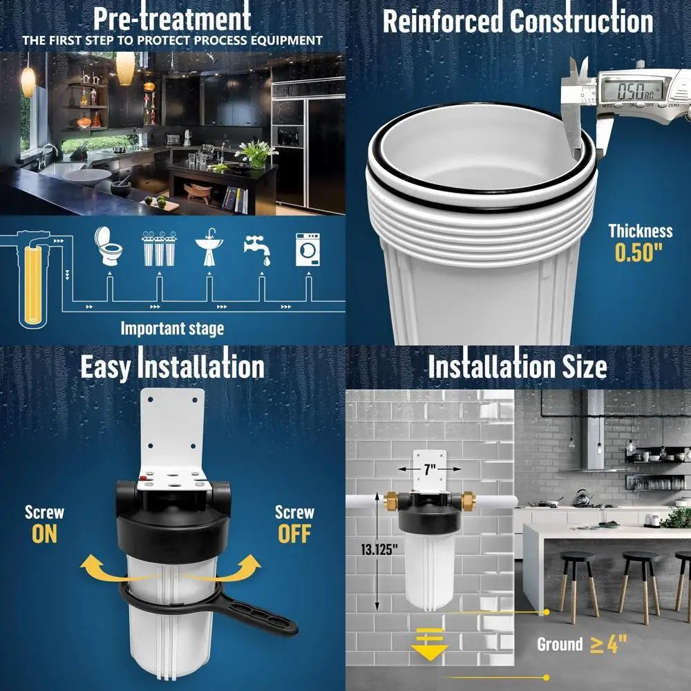

Система фильтрации воды для всего дома 10x4.5 с высокой пропускной способностью, кнопка предварительного слива, 1 латунный порт NPT, двойное уплотнительное кольцо, сертифицировано NSF (белый, 3 шт.)