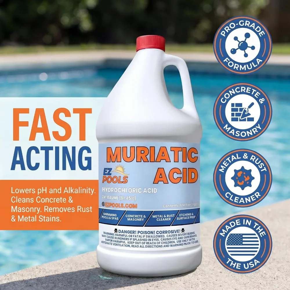 EZ Pools Muriatic Acid Swimming Pools&Spas Pack of 4 Gallons Lowers pH Muriatic Acid Pools (HCL), pH Reducer for Water Balancing
