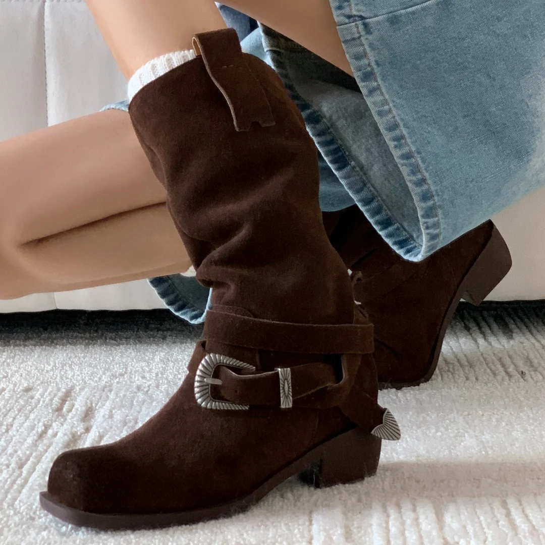 Women's natural suede leather 4cm thick low heel square toe slip-on autumn mid-calf boots ankle buckle casual punk half boots