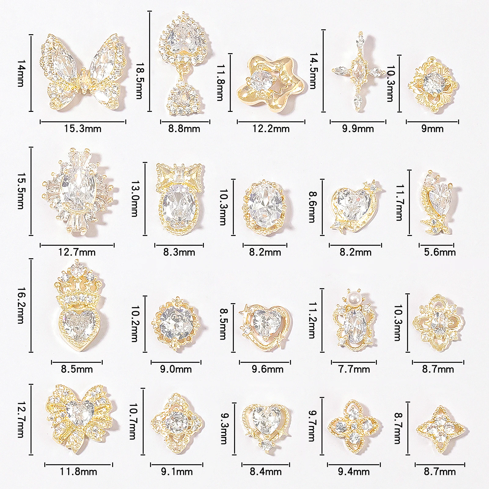 2 Pcs Luxurious Sparkling Gold Zircon 3D Alloy Heart Butterfly Nail Art Zircon Metal Nail DIY Accessories Nail Decoration