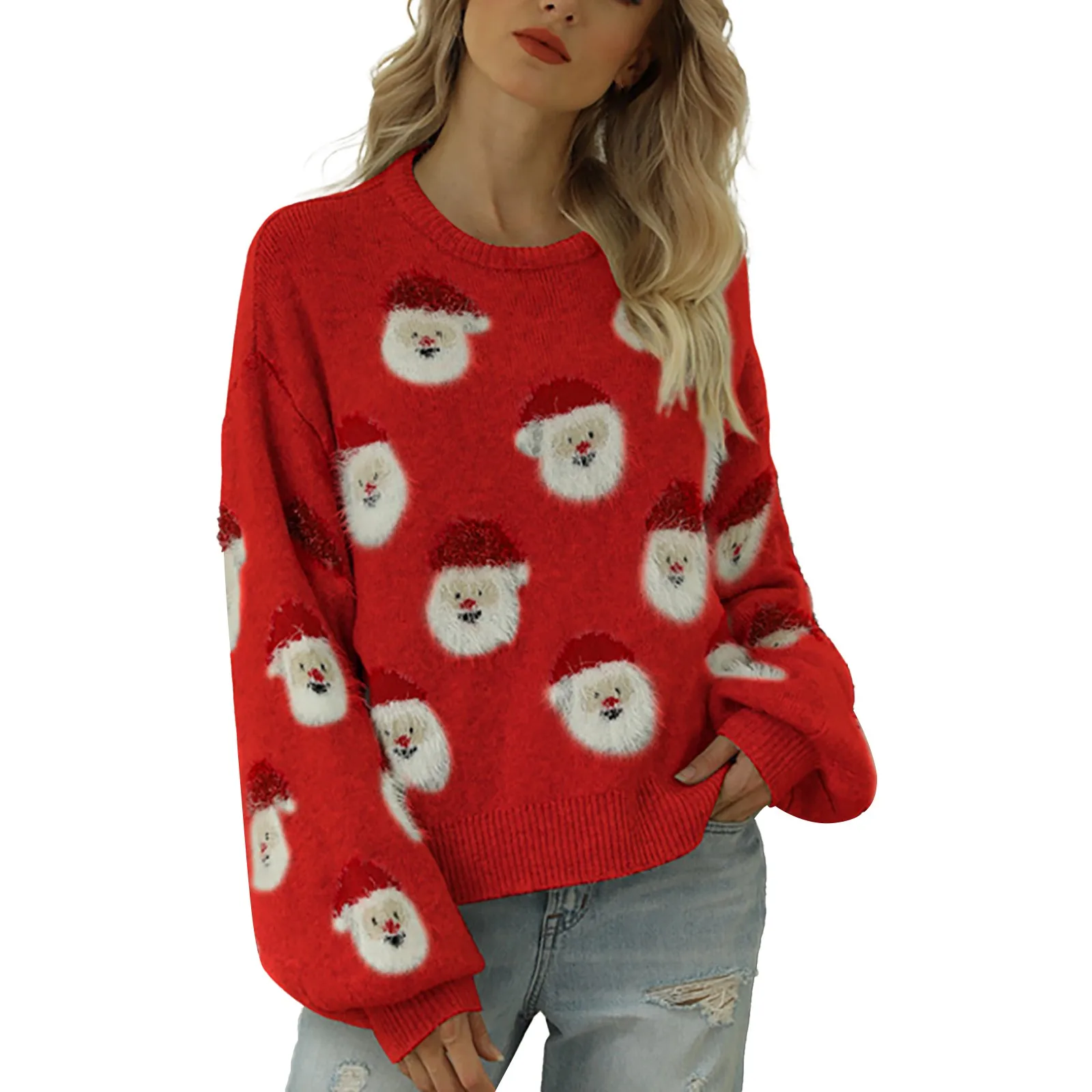 Women Christmas Knitted Sweater Cute Santa Head Pattern Crewneck Pullover Sweater Winter Warm Fleece Jumper Outwear pull femme