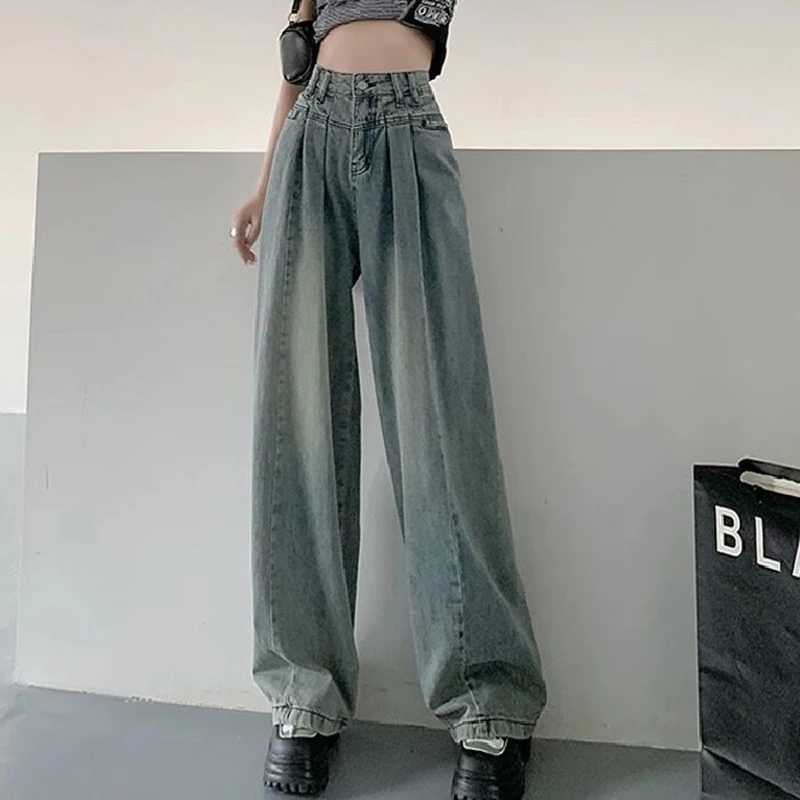 Gidyq Vintage Wide Leg Jeans Women Casual High Waist Loose Straight Denim Pants Korean Fashion Chic Pleated Trousers Female