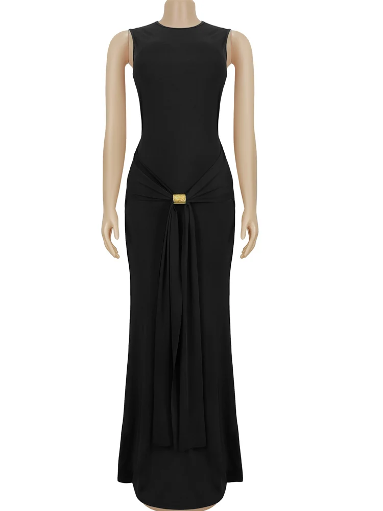 Kricessen sexy zwarte mouwloze maxi-jurk voor dames, gouden gesp, ruches, uitgesneden rug, zeemeermin, formele avondjurk