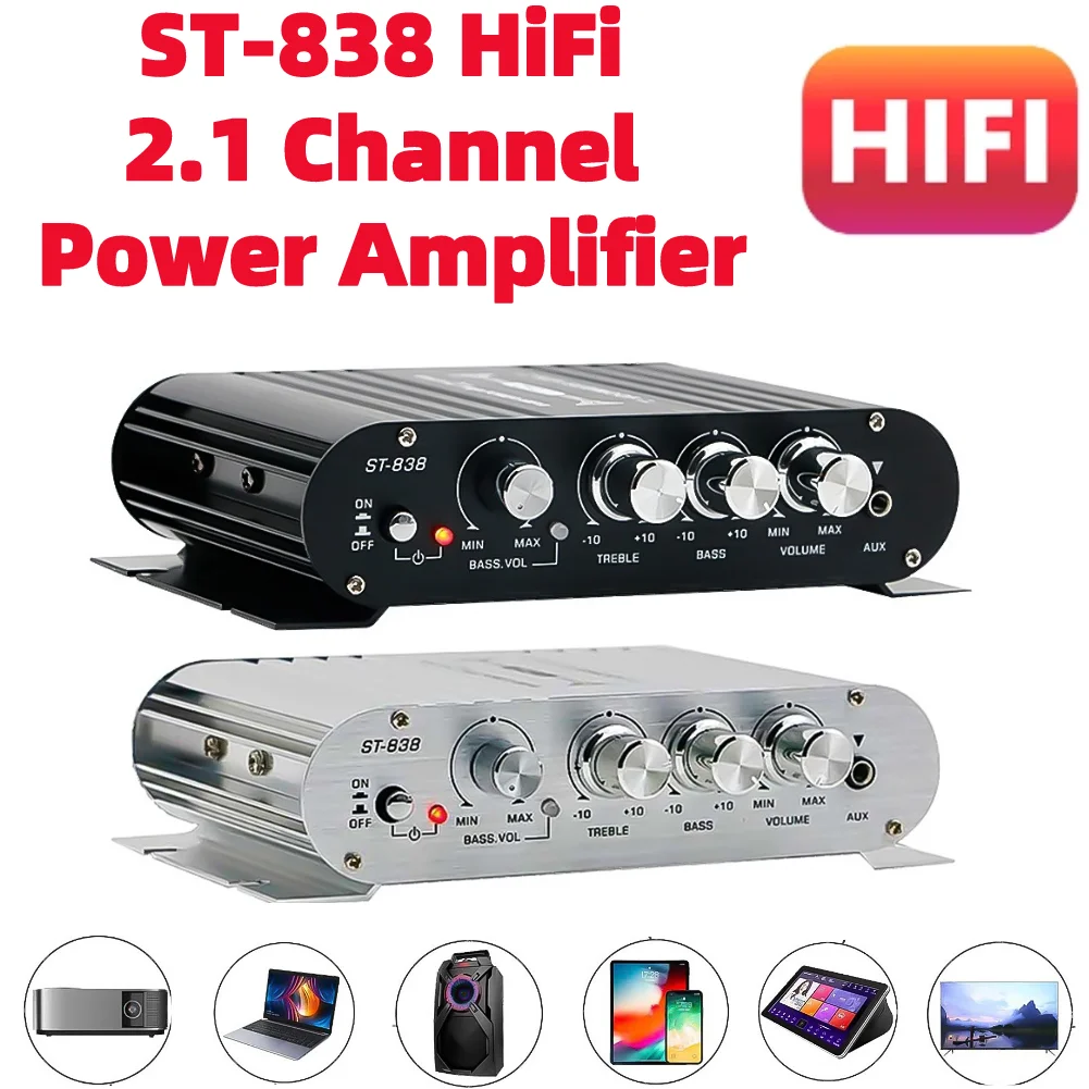 ST-838 HiFi 2.1 Channel Audio Amplifier Bass and Treble Adjustment 80W*2 Black Car Home Amp Mini Media Player