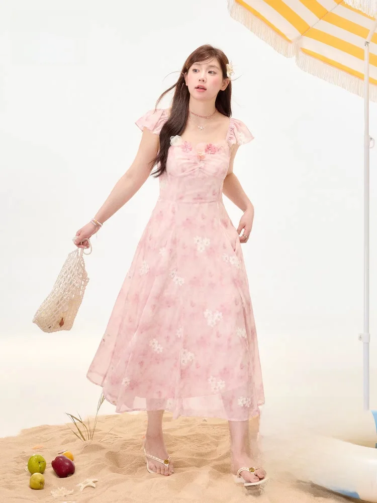 

Новая летняя женская шифоновая юбка больших размеров с романтичным розовым цветочным принтом, квадратным вырезом, корейский стиль, А-силуэт, стройнящая