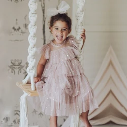 Girls Sequin Dress for Summer Ruffles Elegant Princess Dress for 3-8 Yrs Girl Birthday Wedding Party Dress Holiday Casual Wear