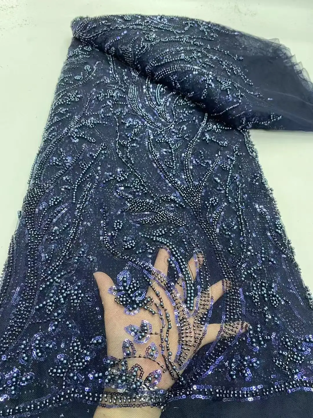 Luxury African Lace Fabric Royal Blue Beaded French Mesh New African Fabrics 2025 Sequins Tulle Lace Fabrics For Sewing