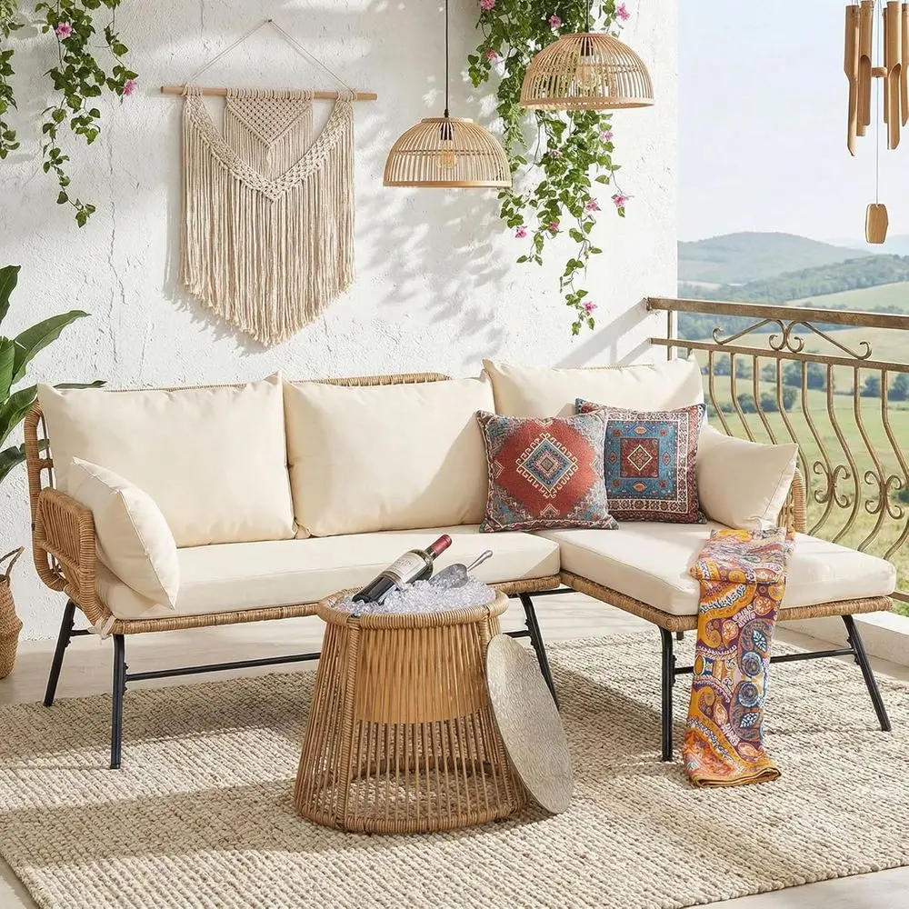 

3-Piece L-Shaped Outdoor Patio Furniture Set with Thick Cushions, High Back Wicker Sectional Sofa for Deck, Balcony, Garden, Bei