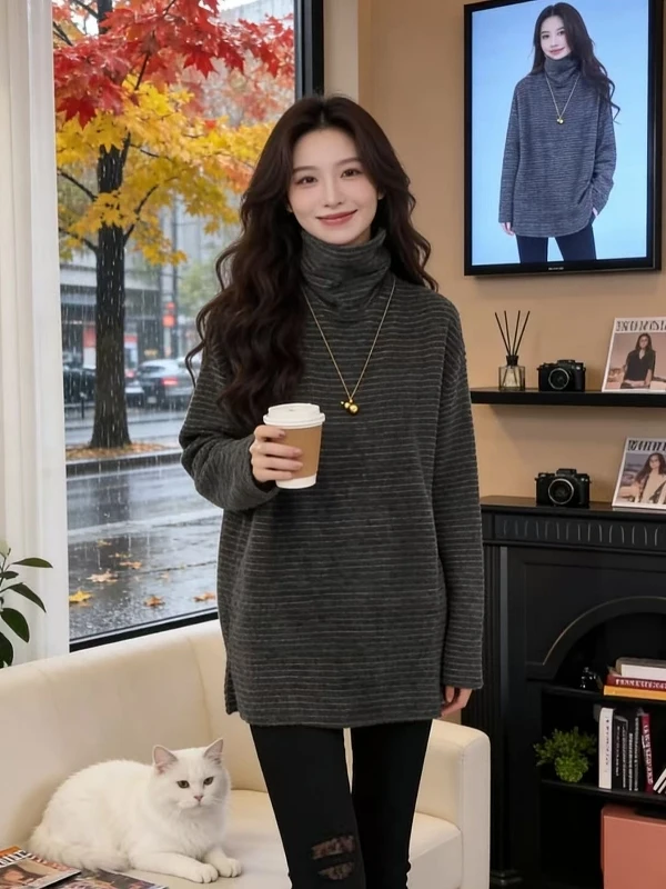 

Double-Sided Fce Long Sve Hoodie Women's Loose High Collar Striped Sweatirt Spring 2026 plus Size Comfortable Innerwear