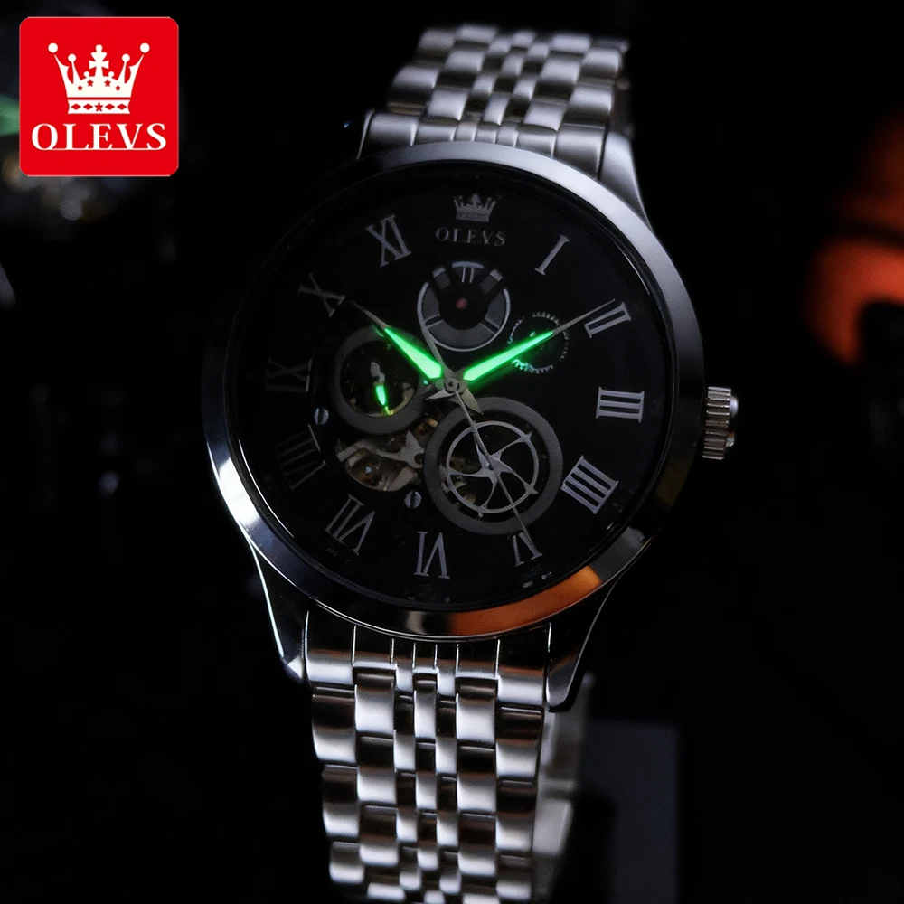 OLEVS Trend Fashion Men Watches Fine Steel Hollow Out Self-winding Flywheel Automatic Mechanical Wristwatch Waterproof Luminous