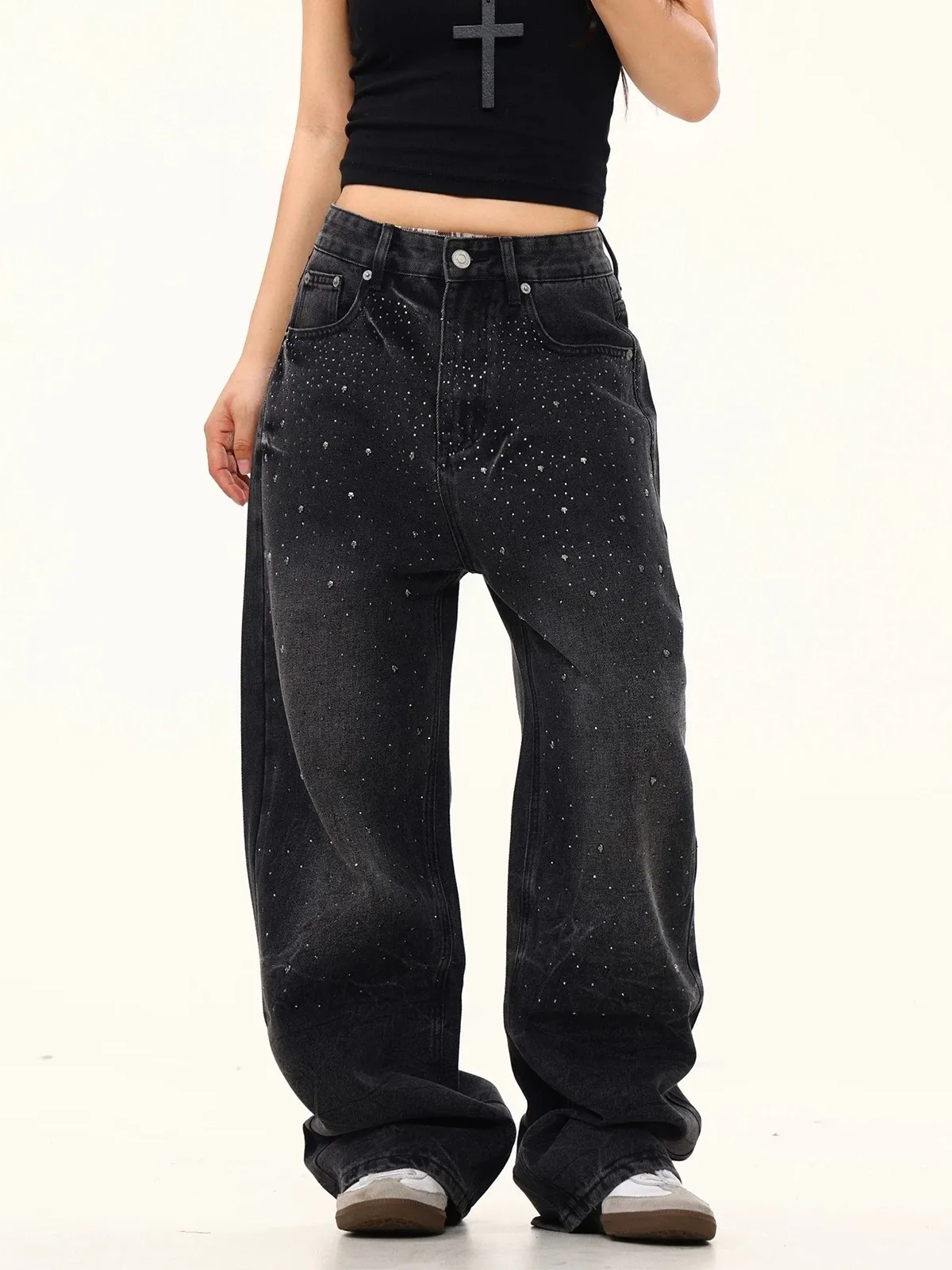 Calças Jeans Largas Estilo Americano com Strass para Homens e Mulheres, Vintage, Versáteis, de Perna Larga, Casuais, para o V...