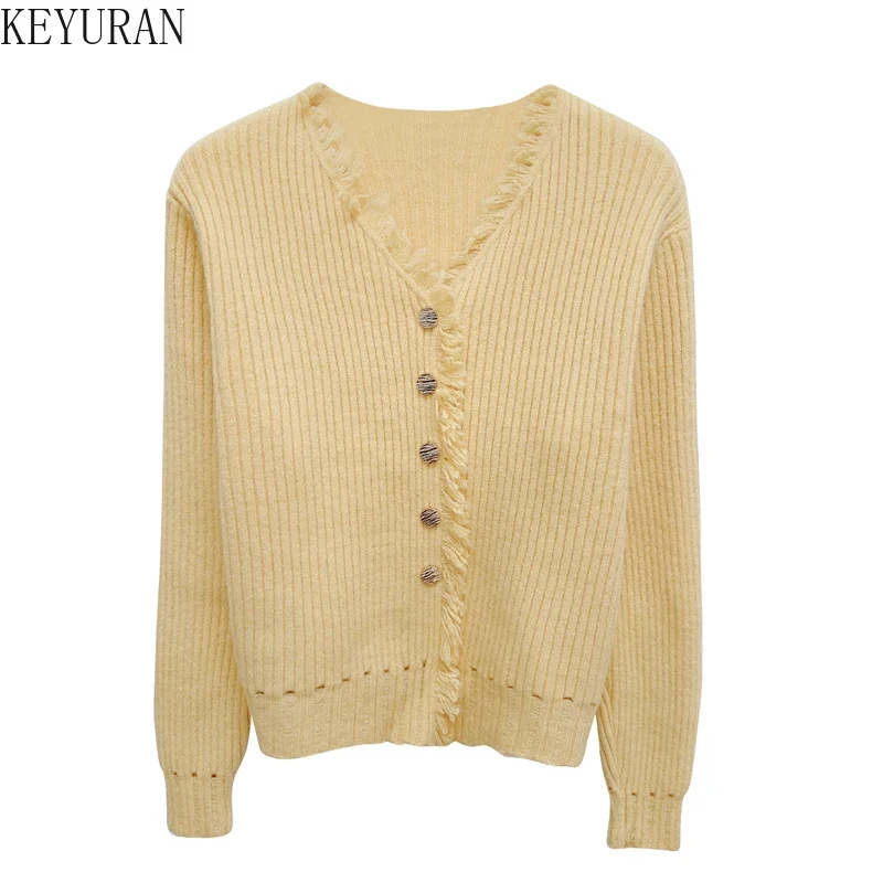 Golden Button Tassel Sweater Jacket Women\'s 2024 Autumn Winter New Solid Color V-neck Long Sleeve Knitted Cardigan Tops Jumper