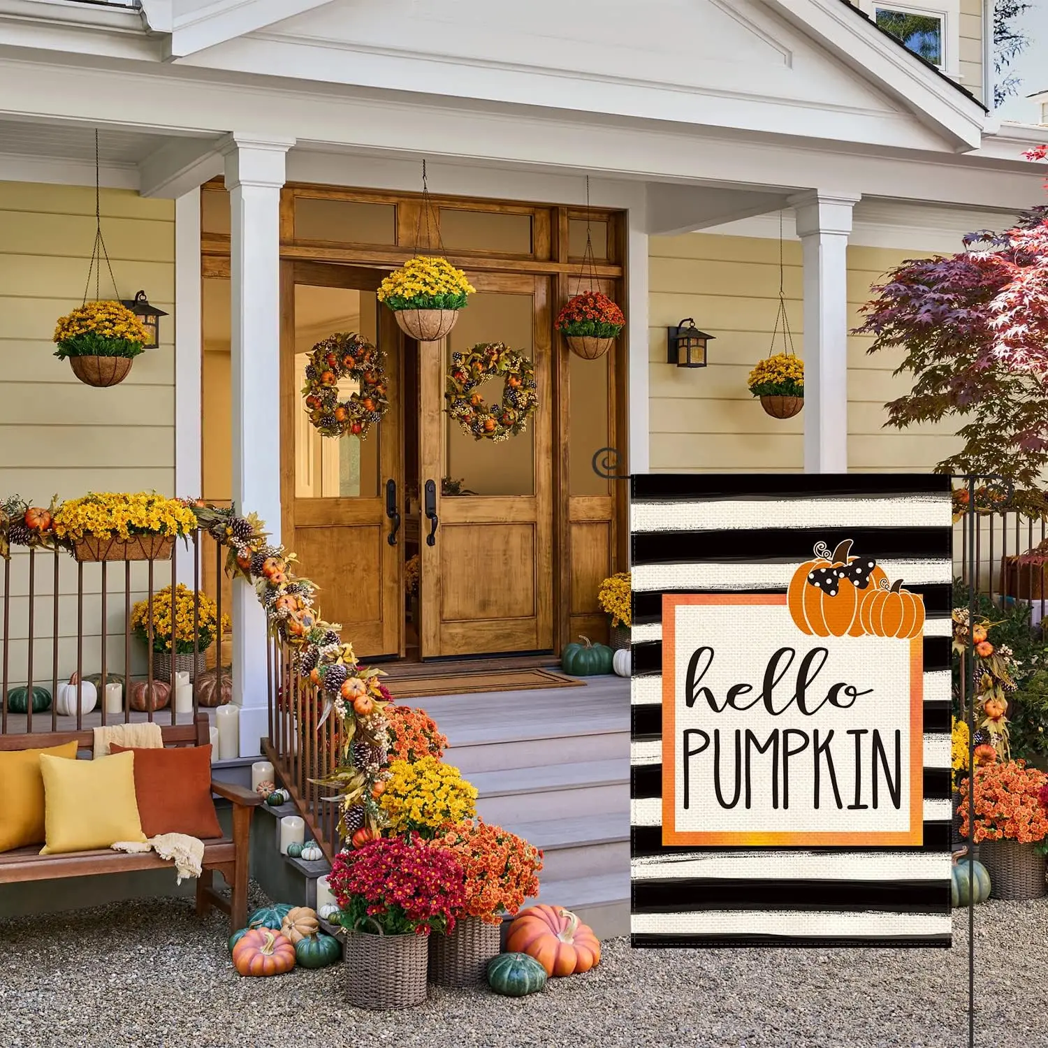 AVOIN colorlife Hello Pumpkin Fall Garden Flag 12 x 18 Inch Watercolor Stripes Double Sided, Autumn Seasonal Rustic Yard Out WWP