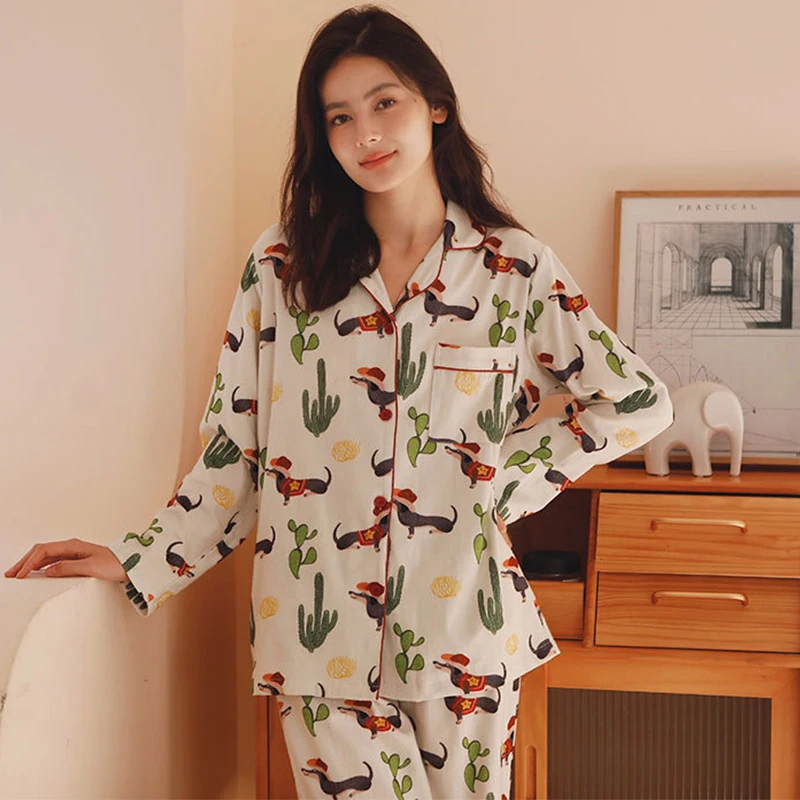 Spring 2024 Brushed Cotton Women's Pajama Set Dachshund Cactus Print Two Pieces Long Sleeve Tops Full Length Pants Elastic Waist